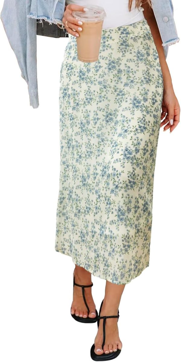 Women’s Floral Print Midi Skirt Casual High Elastic Waist Zipper Vintage Long  Skirts for Women