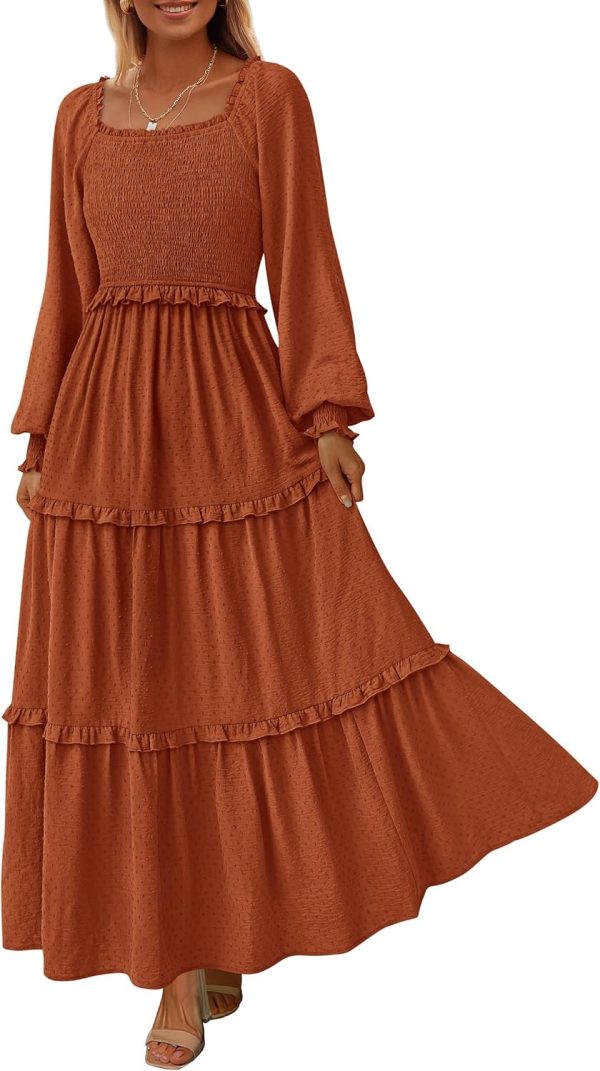 Women's Long Sleeve Smocked Maxi Dress Casual Square Neck Swiss Dot Tiered Ruffle Flowy Pocket Dresses