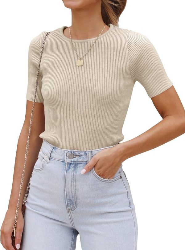 Women's Short Sleeve Crewneck T Shirt 2026 Summer Ribbed Knit Slim Fit Basic Solid Color Tee Tops