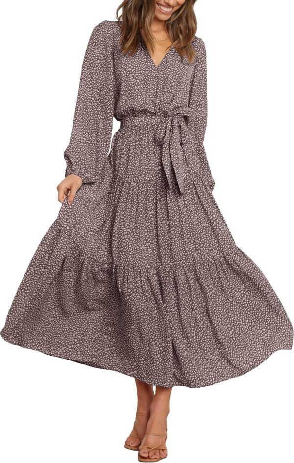 Women's Fall Long Sleeve Wrap V Neck Ruffle Floral Maxi Dress Casual Tie Waist Boho Chiffon Flowy Long Dresses